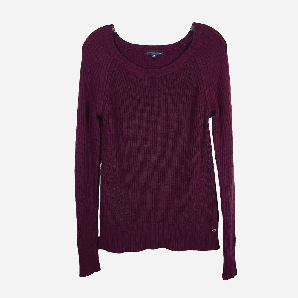American Eagle Dark Purple Cable Knit Ribbed Fitted Pullover Sweater